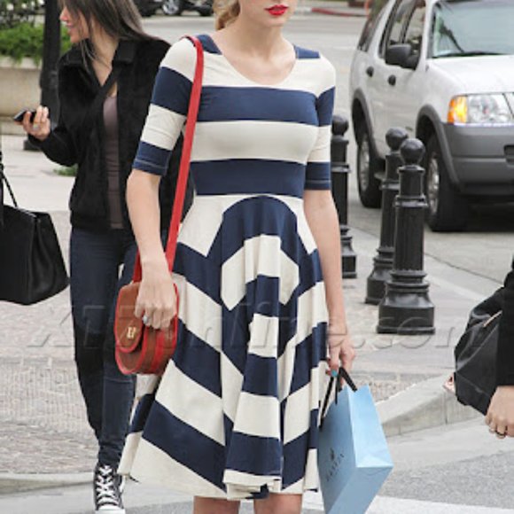 GORMAN Cotton Taylor Swift Navy Cream Parisian Stripe Fit and Flare Midi Dress - Picture 3 of 9